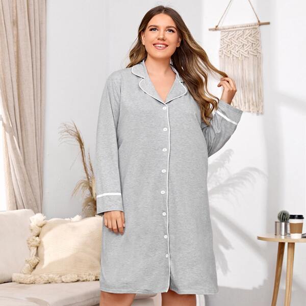 

Plus Button Through Night Dress, Light grey