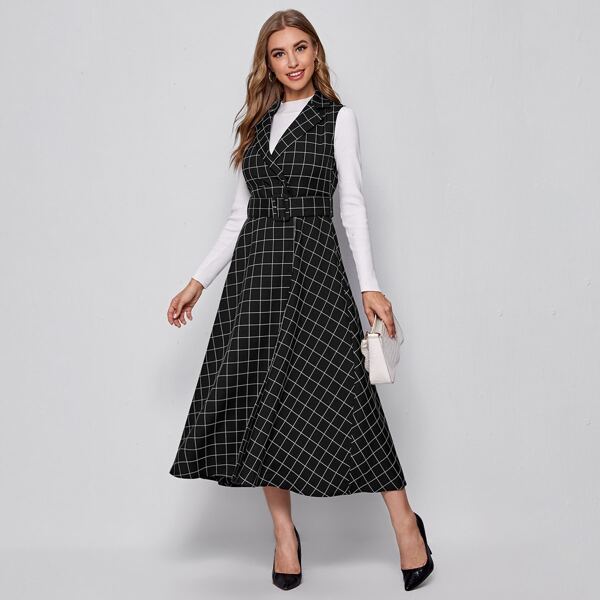 

Lapel Collar Buckle Belted Grid Print Vest Coat Without Tee, Black