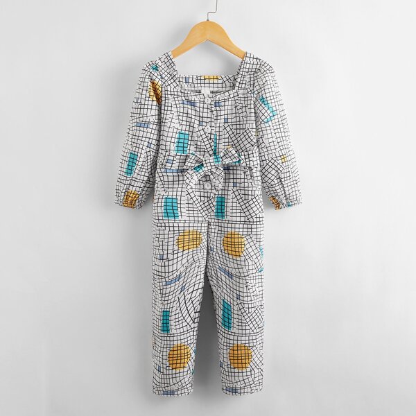 

Toddler Girls Windowpane Jumpsuit With Belt, White