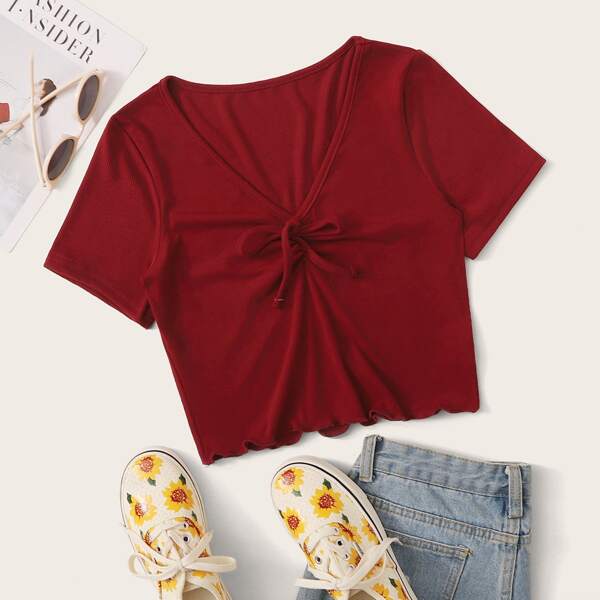 

Plus Knot Front Lettuce Trim Rib-knit Crop Tee, Burgundy