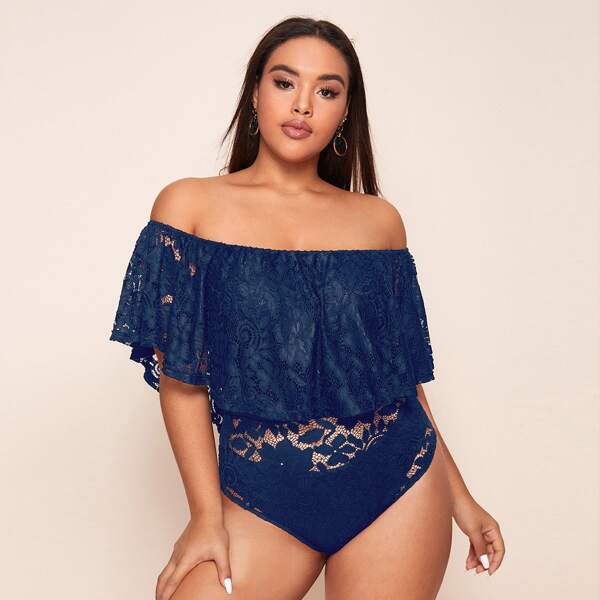 

Plus Off Shoulder Lace Bodysuit, Navy blue