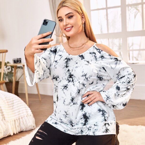 

Plus Tie Dye Cold Shoulder Tee, White