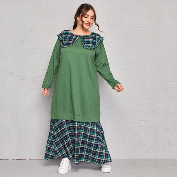 

Plus Tartan Print Peter Pan Collar Sweatshirt Dress, Green