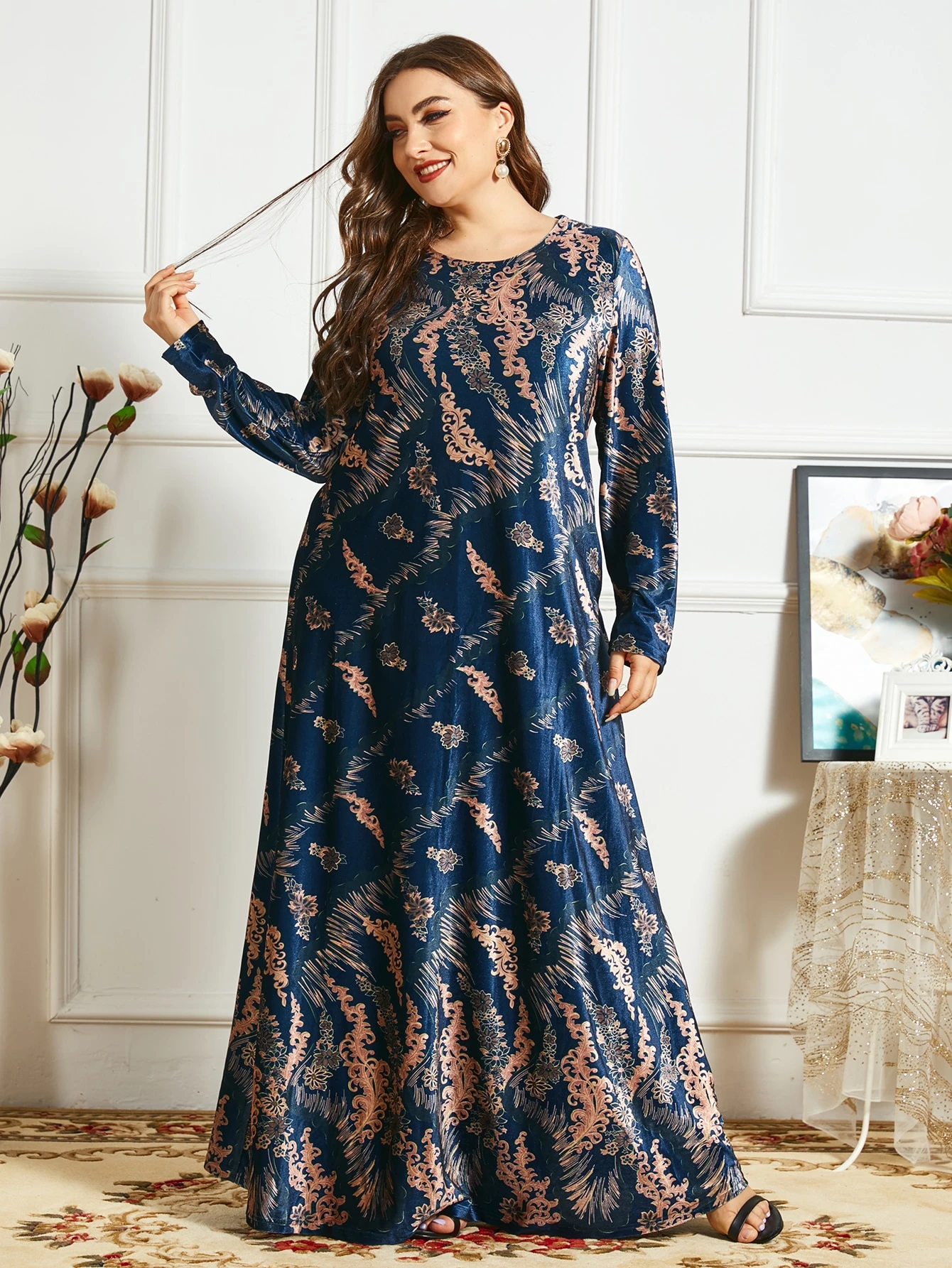 plus size leaf print maxi dress