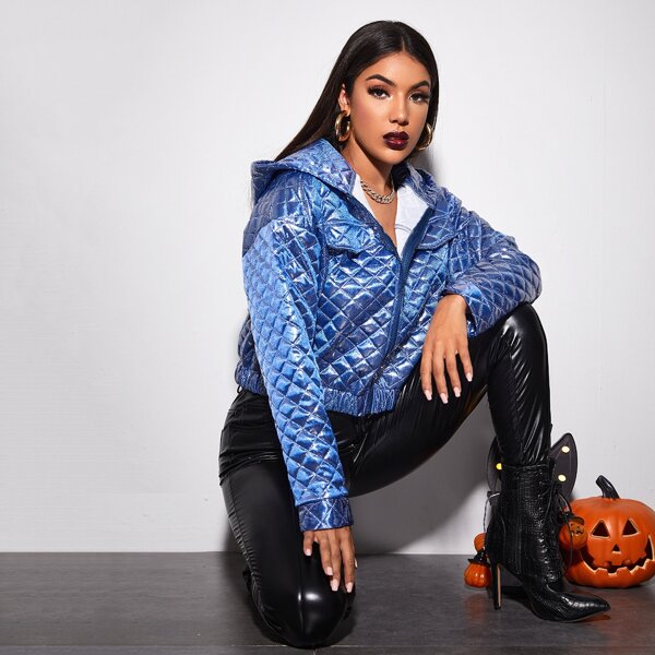 

Solid Zip Up Hooded Quilted Jacket, Blue