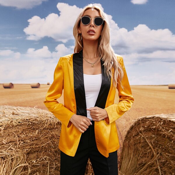 

Contrast Panel Open Front Satin Coat, Mustard yellow