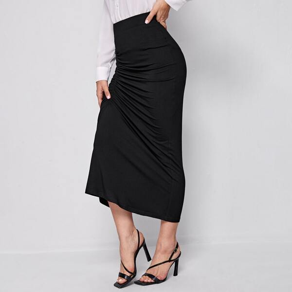 

Elastic Waist Ruched Detail Skirt, Black