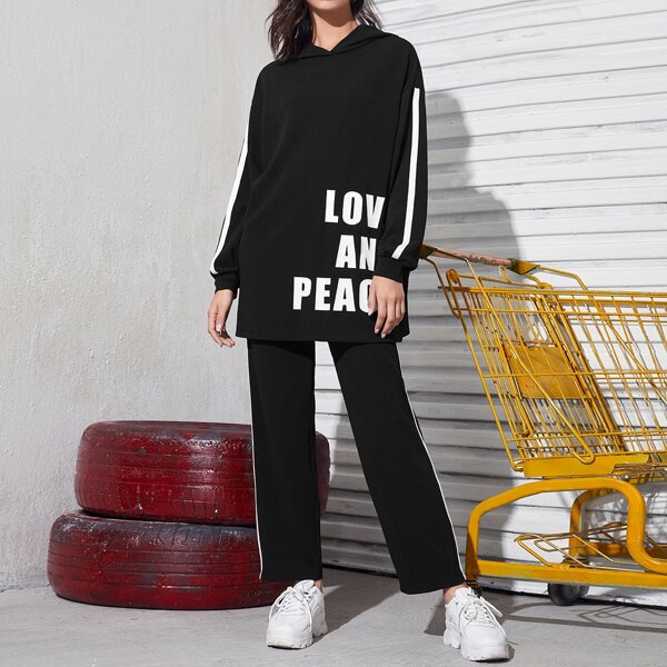 

Striped Side Letter Graphic Hoodie & Pants Set, Black