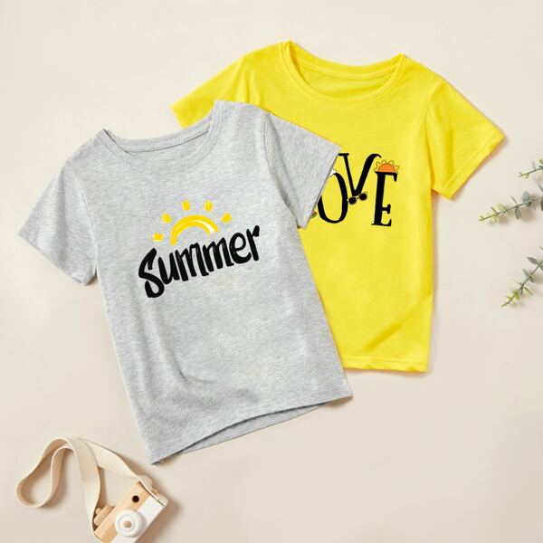 

Toddler Girls 2pcs Letter And Cartoon Print Tee, Multicolor