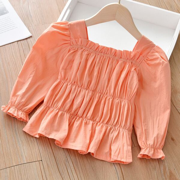 

Toddler Girls Ruched Detail Square Neck Flounce Sleeve Blouse, Coral orange