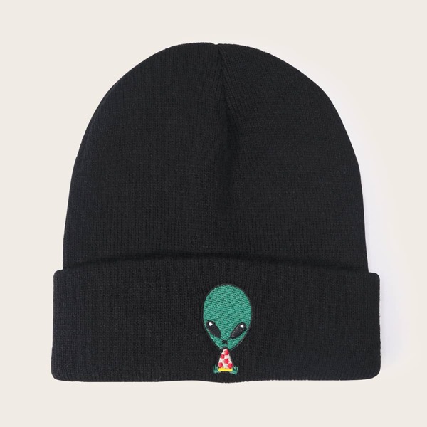

Men Cartoon Embroidery Beanie, Black