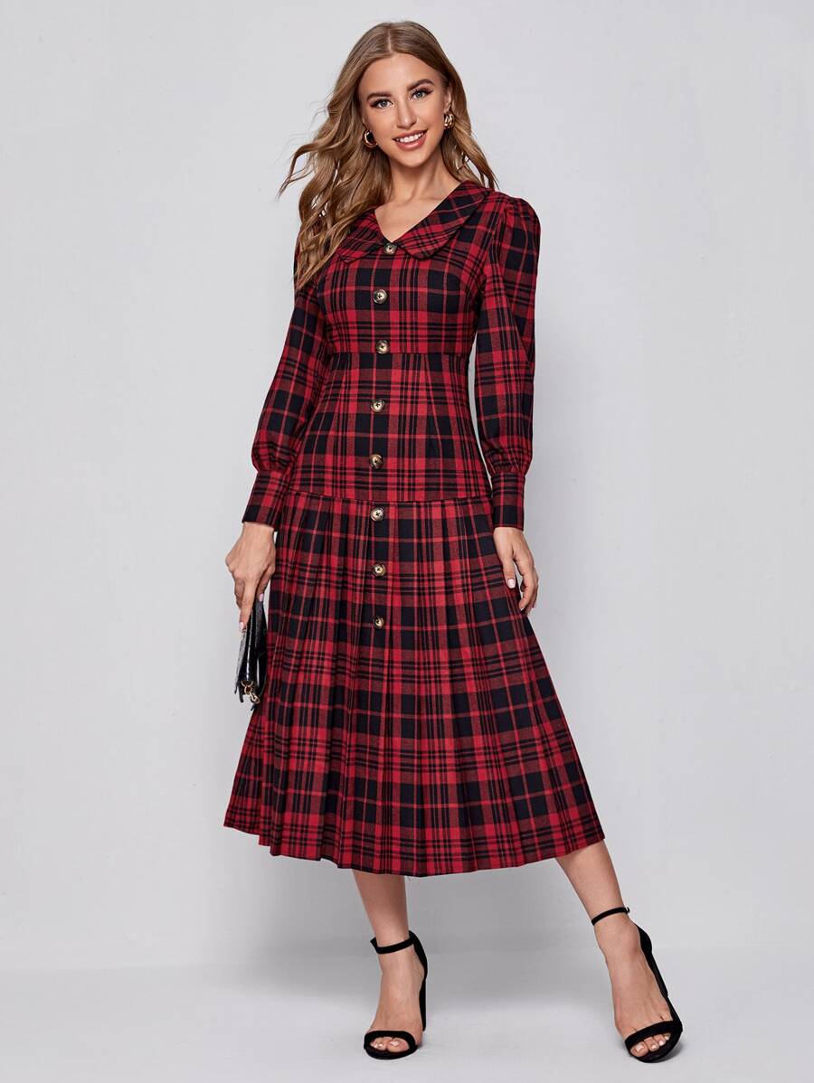 SHEIN Puff Sleeve Pleated Hem Tartan Dress - Multicolor - View 1