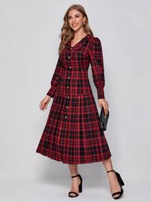 SHEIN Puff Sleeve Pleated Hem Tartan Dress - Multicolor - View 3