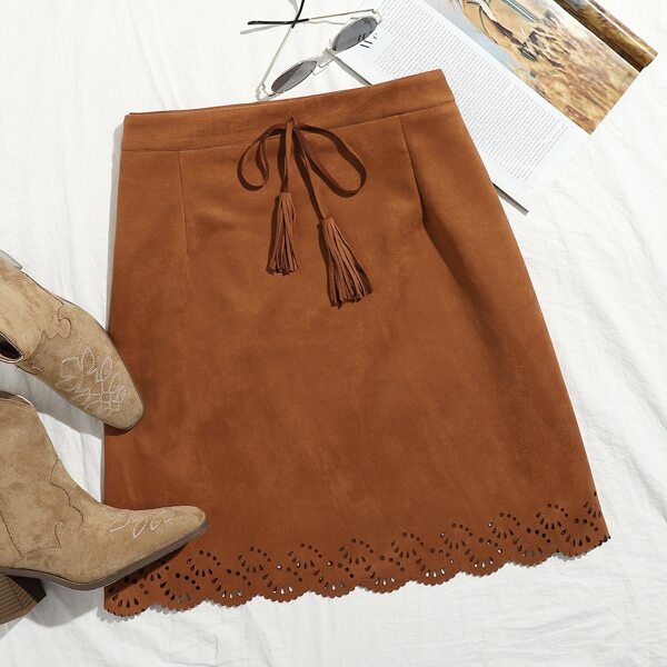

Plus Suede Fringe Laser Cut Skirt, Brown