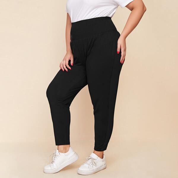 

Plus Wide Waistband Solid Pants, Black