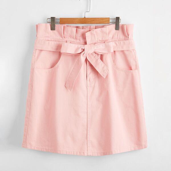 

Plus Paperbag Waist Belted Denim Skirt, Baby pink