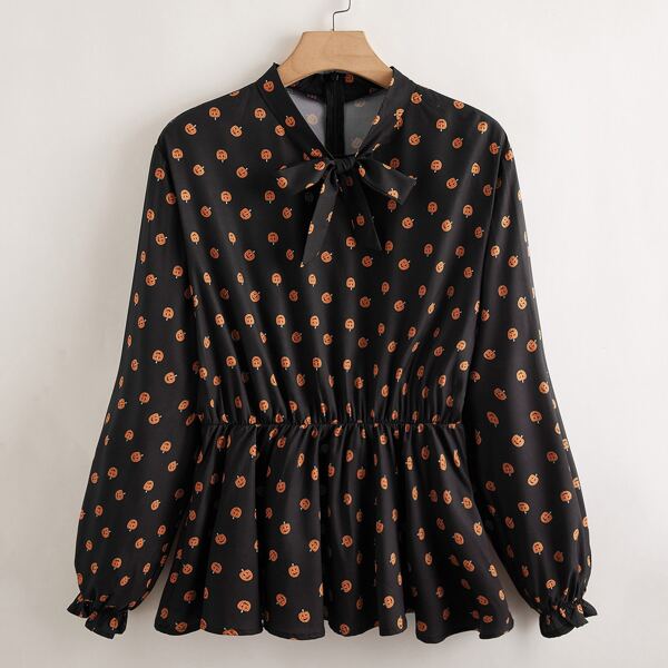 

Plus Allover Pumpkin Print Tie Neck Peplum Blouse, Black