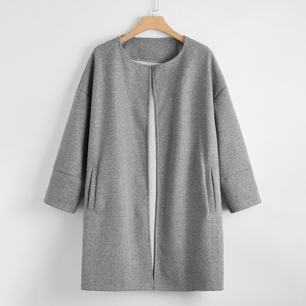 

Plus Solid Drop Shoulder Open Front Overcoat, Grey