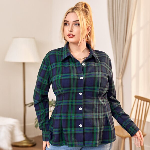 

Plus Plaid Button Up Peplum Blouse, Multicolor