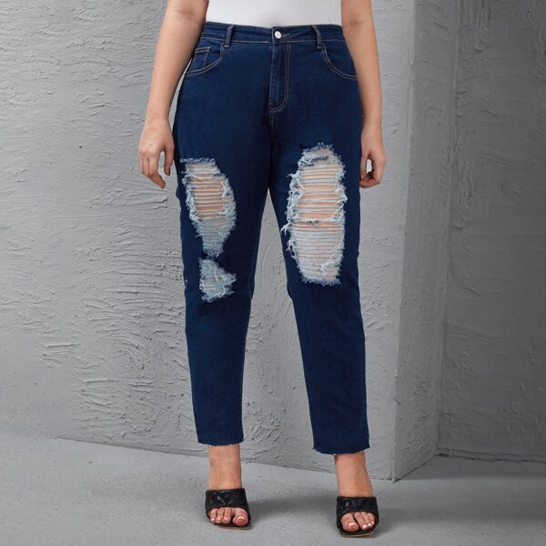 

Plus Ripped Mom Jeans, Medium wash