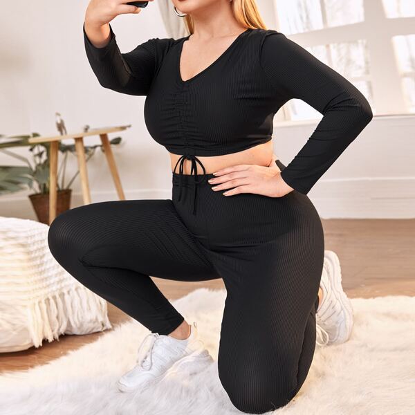 

Plus Drawstring Front Crop Tee & Leggings, Black