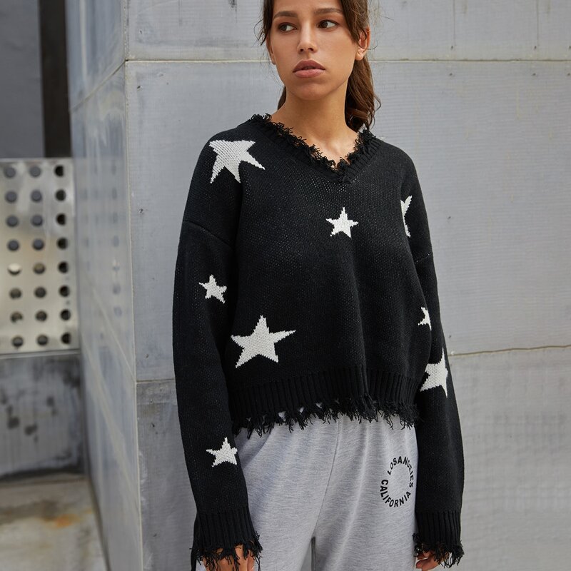 

Star Pattern Frayed Sweater, Black