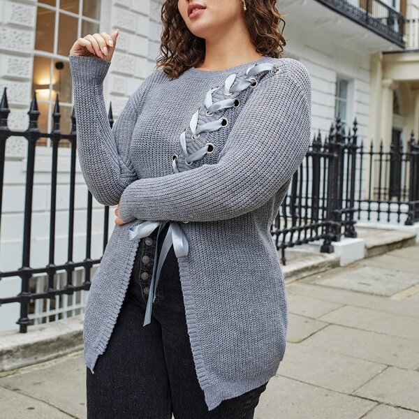 

Plus Lace Up Front Split Sweater, Grey