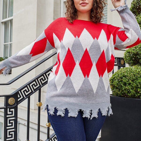 

Plus Argyle Pattern Drop Shoulder Distressed Sweater, Multicolor