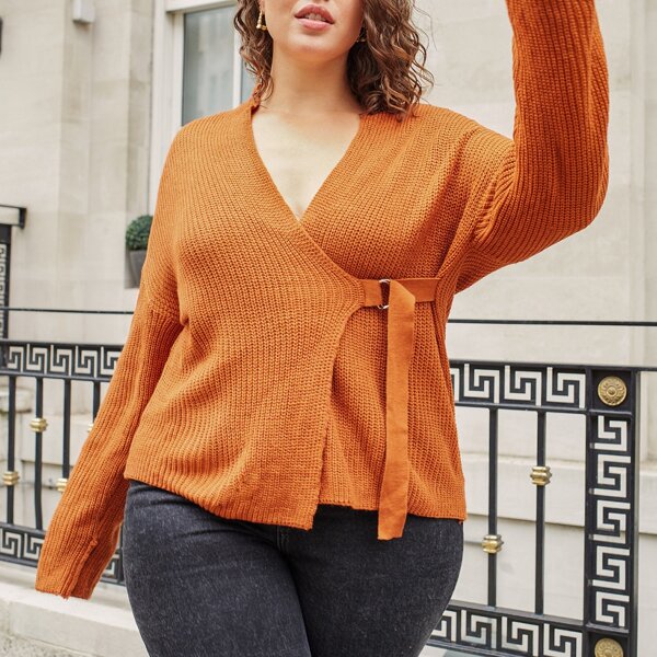 

Plus Ribbed Knit Tie Front Drop Shoulder Cardigan, Burnt orange