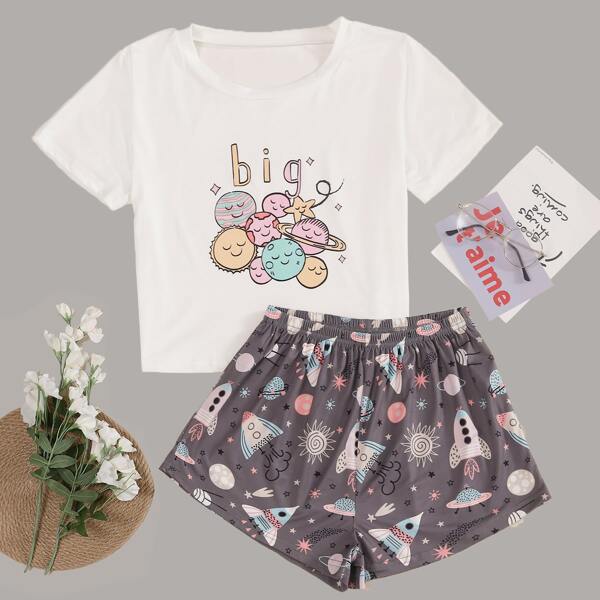 

Cartoon And Letter Graphic PJ Set, Multicolor