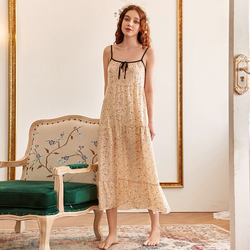 

Ditsy Floral Tie Front Ruffle Hem Cami Nightdress, Apricot