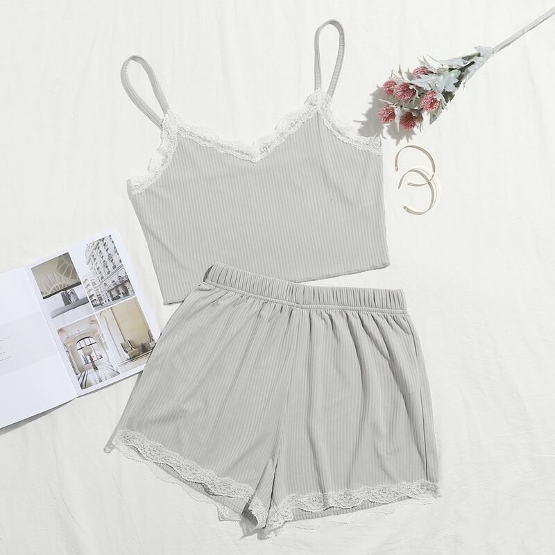 

Contrast Lace Rib-knit Cami PJ Set, Light grey