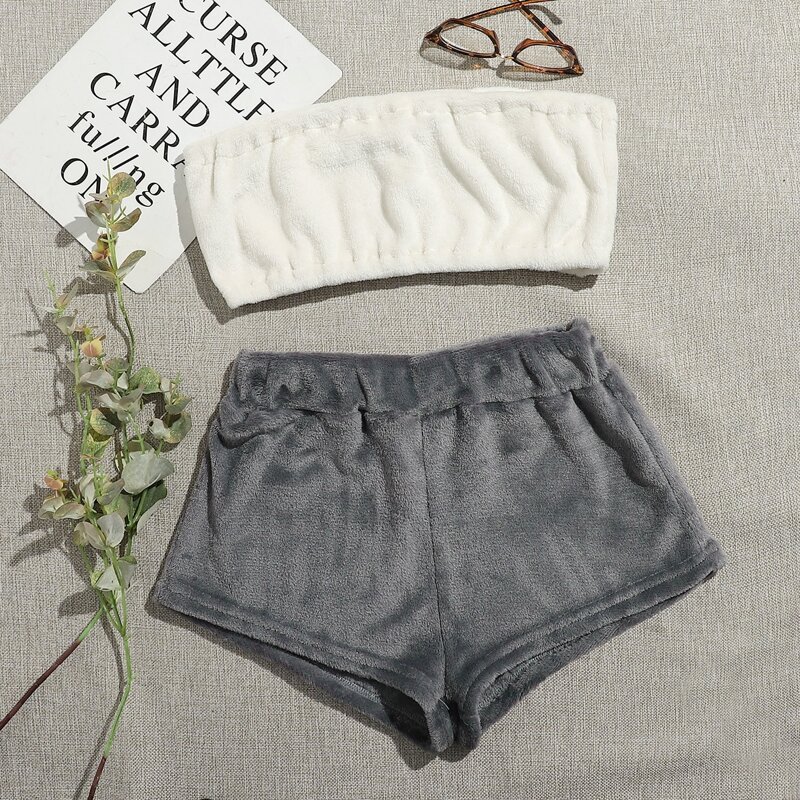 

Flannel Tube Top & Letter Embroidery Shorts PJ Set, Multicolor