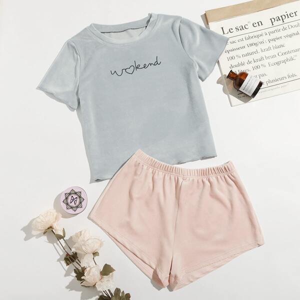 

Letter Graphic Tee & Shorts PJ Set, Multicolor