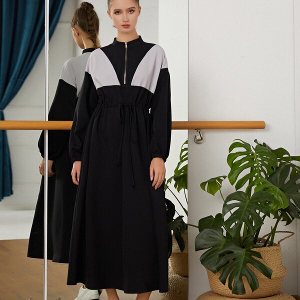 

Contrast Panel Drawstring Waist A-line Dress, Black
