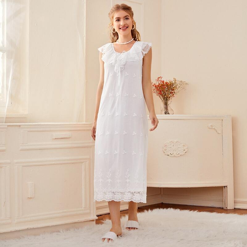 

Solid Ruffle Trim Mesh Night Dress, White