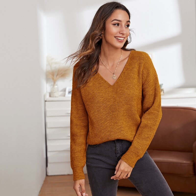 

V Neck Drop Shoulder Sweater, Brown