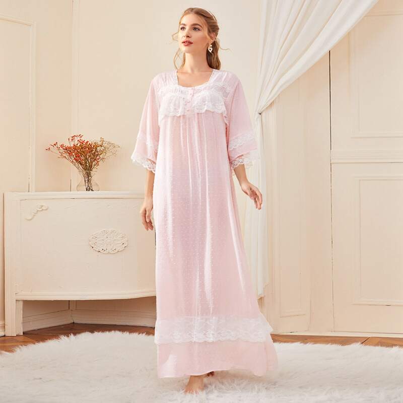 

Contrast Lace Scallop Cuff Button Night Dress, Baby pink