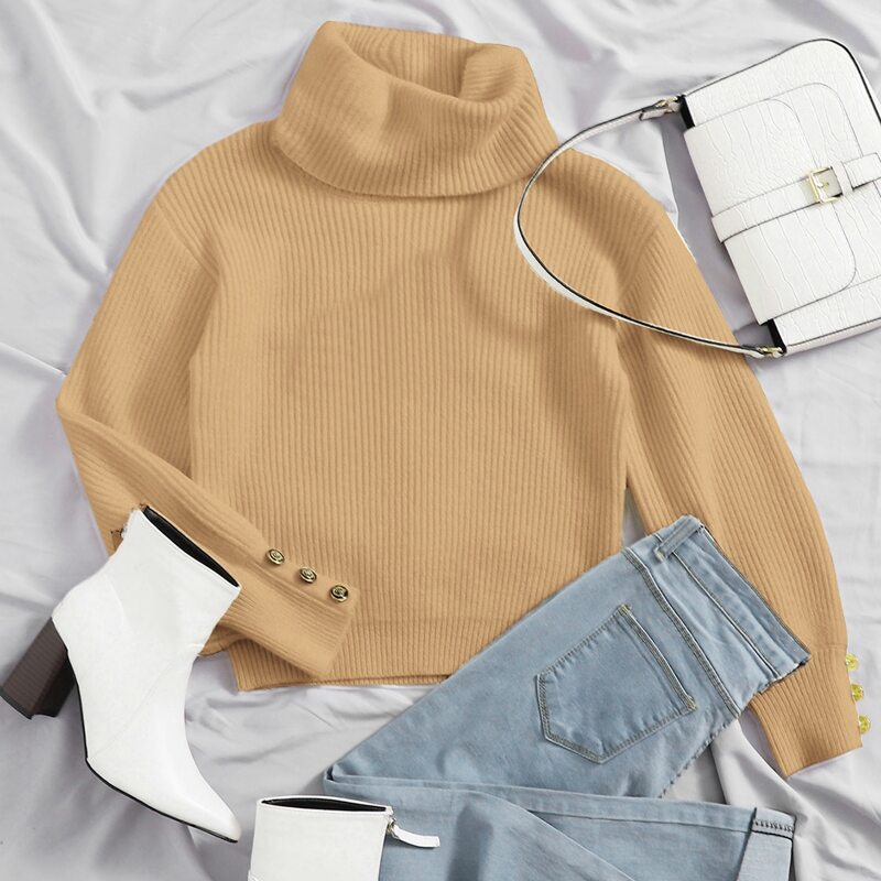Button Cuff Turtleneck Sweater, Khaki