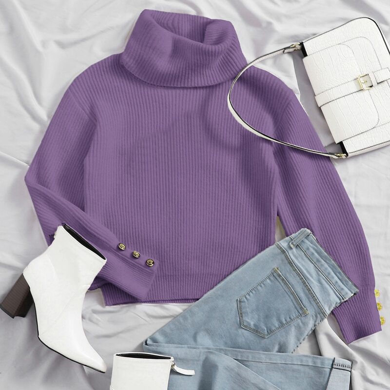 

Button Cuff Turtleneck Sweater, Violet purple