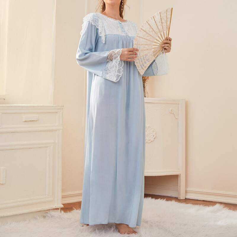 

Contrast Lace Scallop Cuff Night Dress, Dusty blue