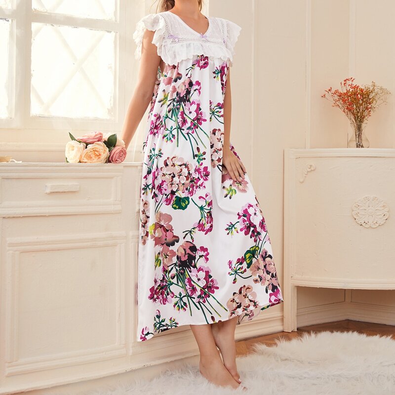 

Floral Print Eyelet Embroidery Satin Night Dress, Multicolor