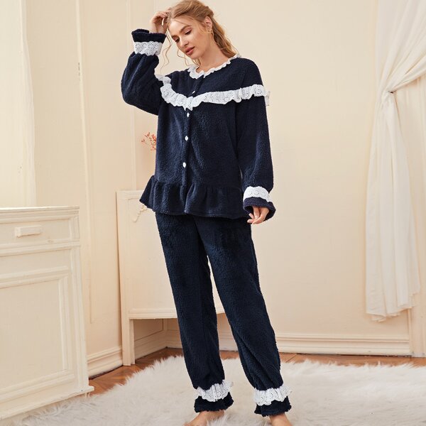 

Contrast Eyelet Embroidery Ruffle Hem Flannel Top & Pants PJ Set, Navy blue
