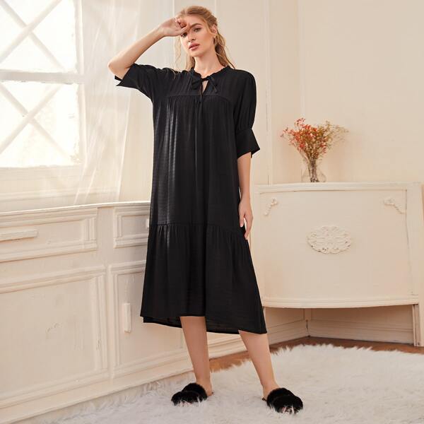 

Frill Tie Neck Ruffle Hem Night Dress, Black