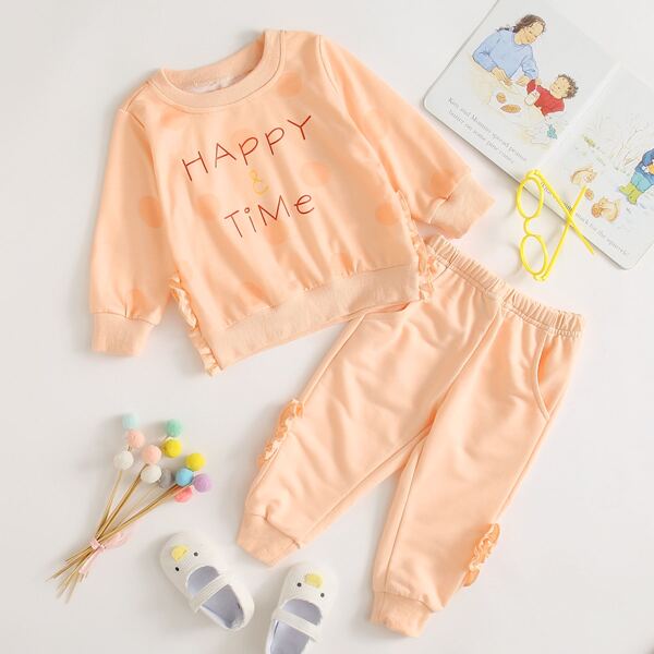 

Baby Girl Polka Dot & Letter Graphic Frill Sweatshirt & Sweatpants, Orange pastel