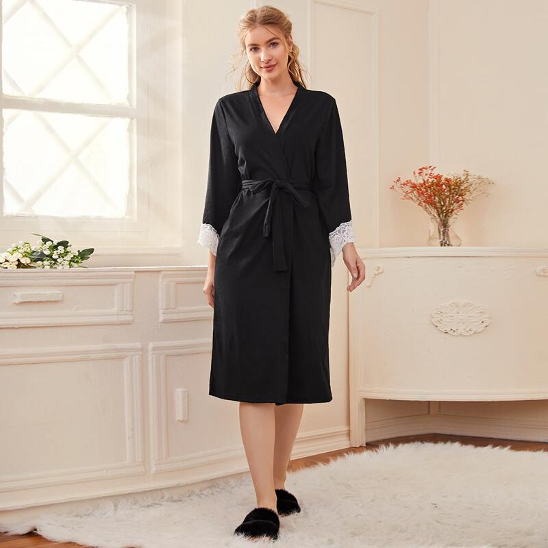 

Contrast Lace Cuff Belted Robe, Black