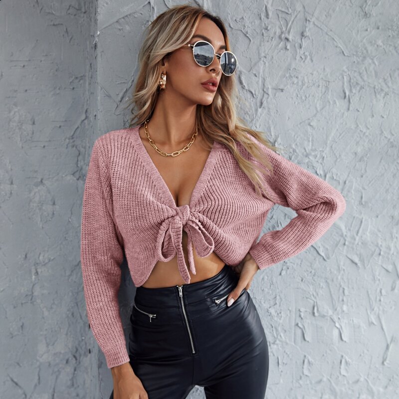 

Tie Front Solid Crop Sweater, Dusty pink