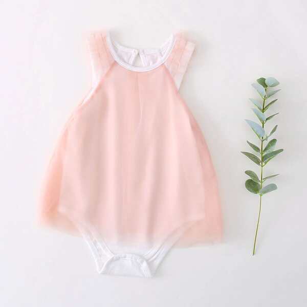 

Baby Girl Contrast Mesh Bodysuit, Baby pink