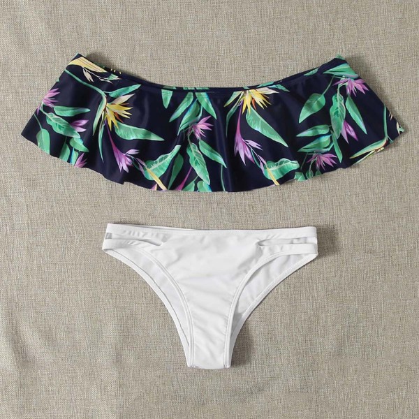

Leaf Print Bardot Cut-out Bikini Swimsuit, Multicolor