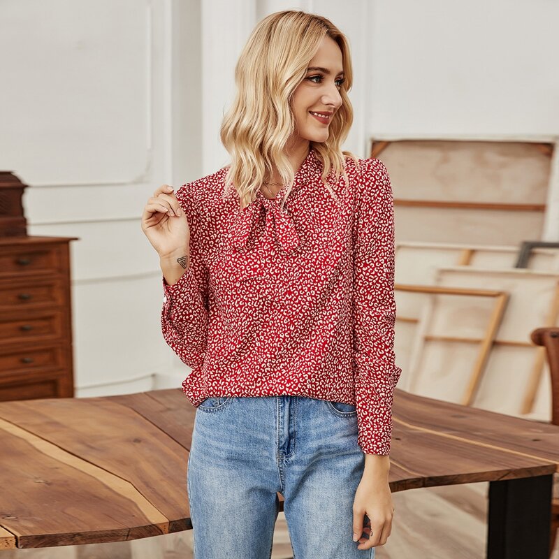 

Tie Neck Allover Print Blouse, Red